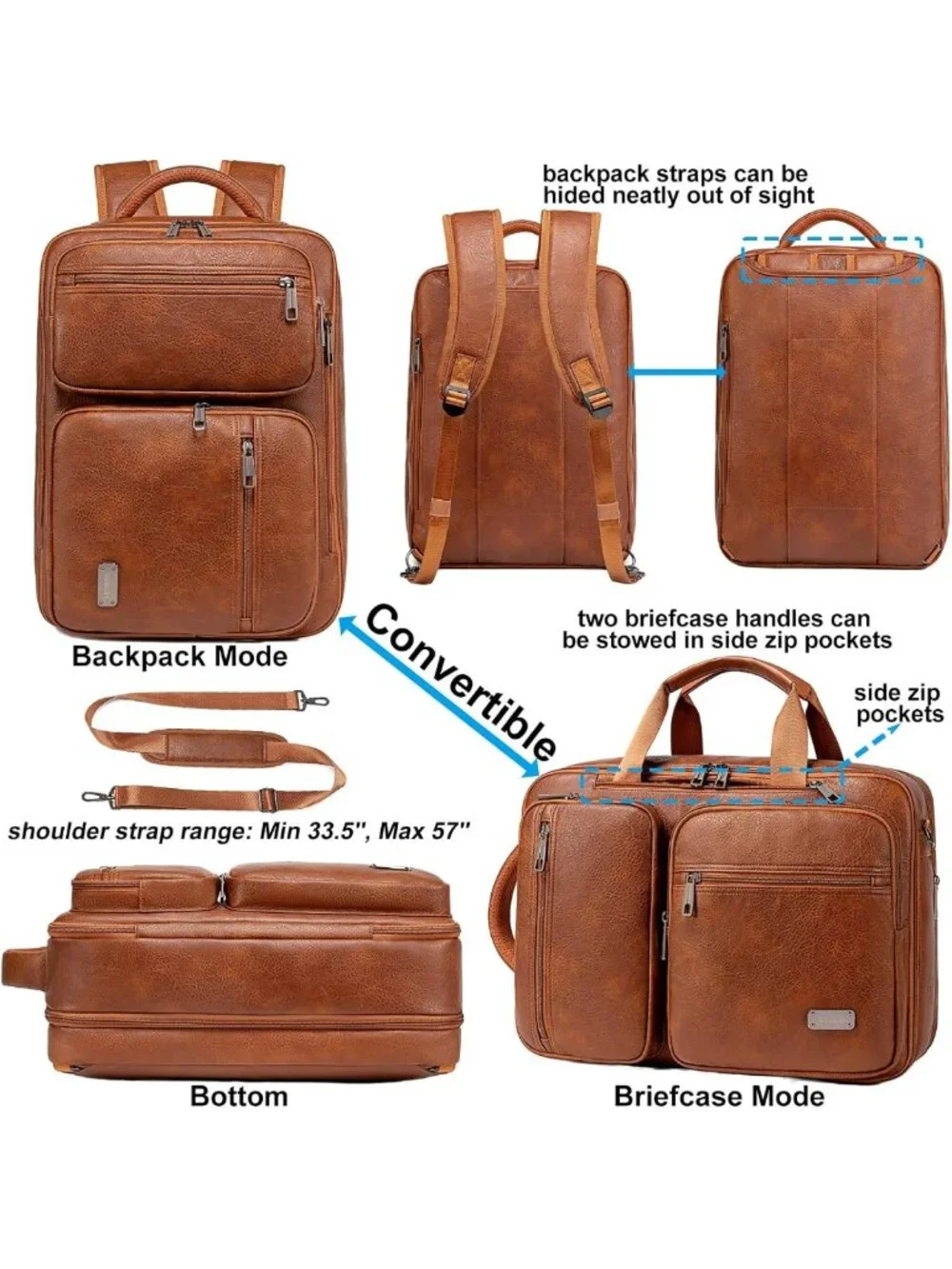 3-in-1 Vegan Leather Convertible Laptop Bag - Expandable Travel Backpack